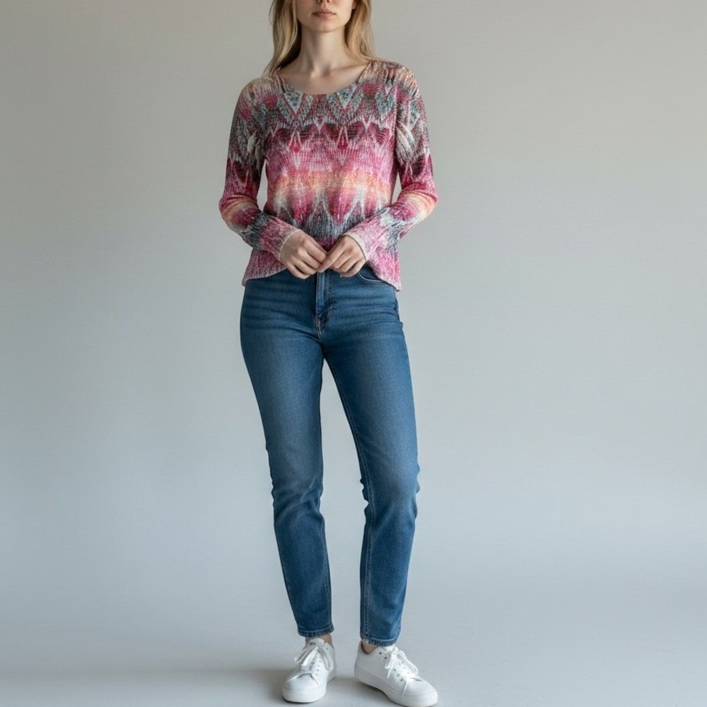 Sundance Women XL Pink Orange Ikat Southwest Slash Shoulder Long Sleeve Top USA